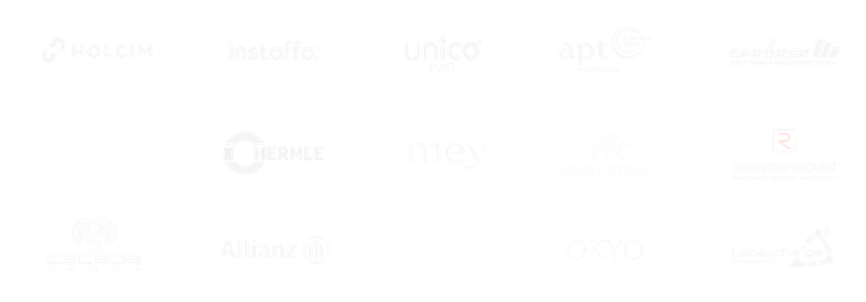 Auswahl unserer Kunden: Holcim, Instaffo, Unico, apt, Hermle, Mey, Allianz, Oroyo und weitere